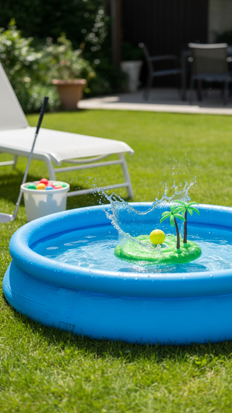 Yellow Foam Golf Ball Splashing Into Blue Inflatable Pool With Floating Green Island In Backyard Game