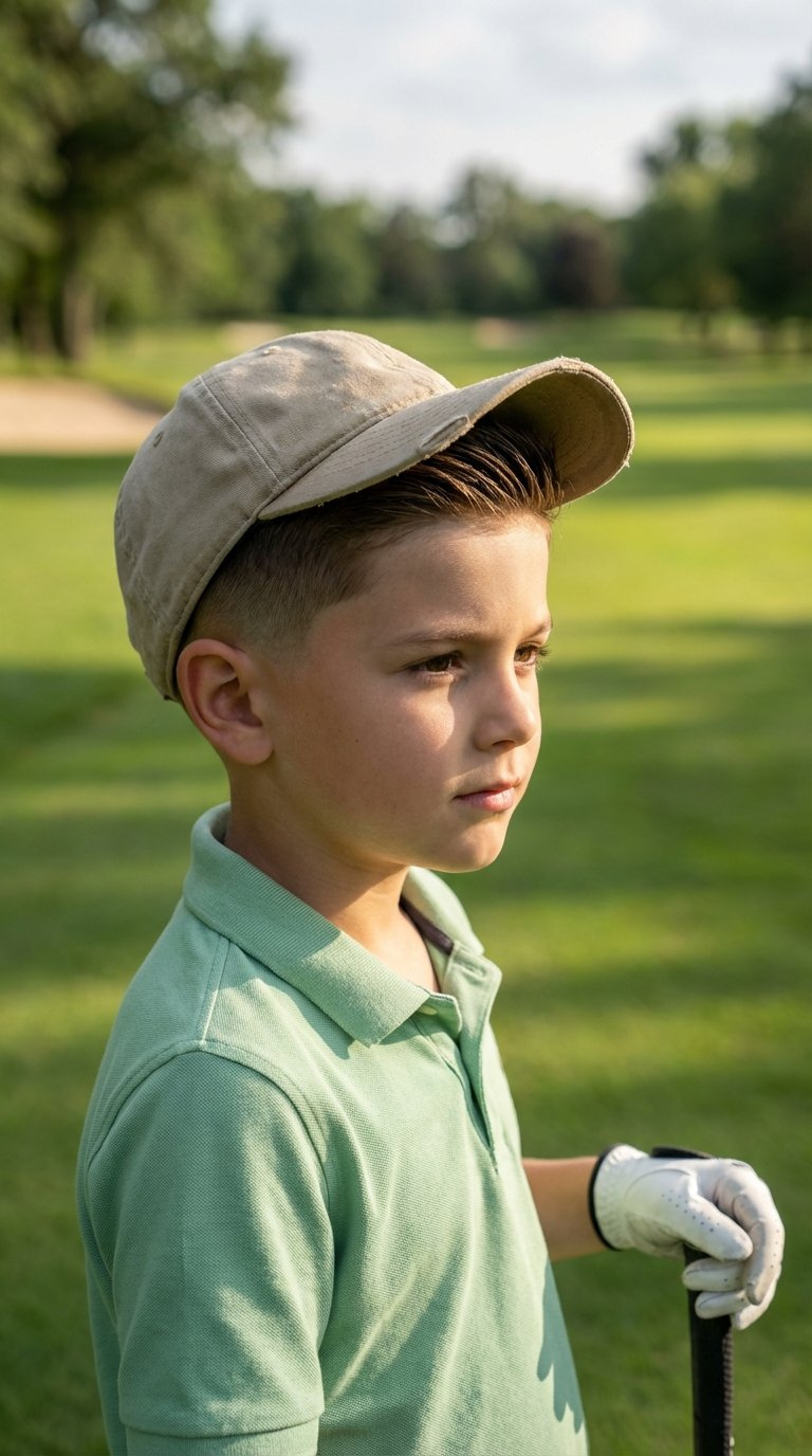 Young Boy Golfer With Classic Taper Fade Haircut Wearing Golf Cap On Green Fairway With Soft Bokeh Background.