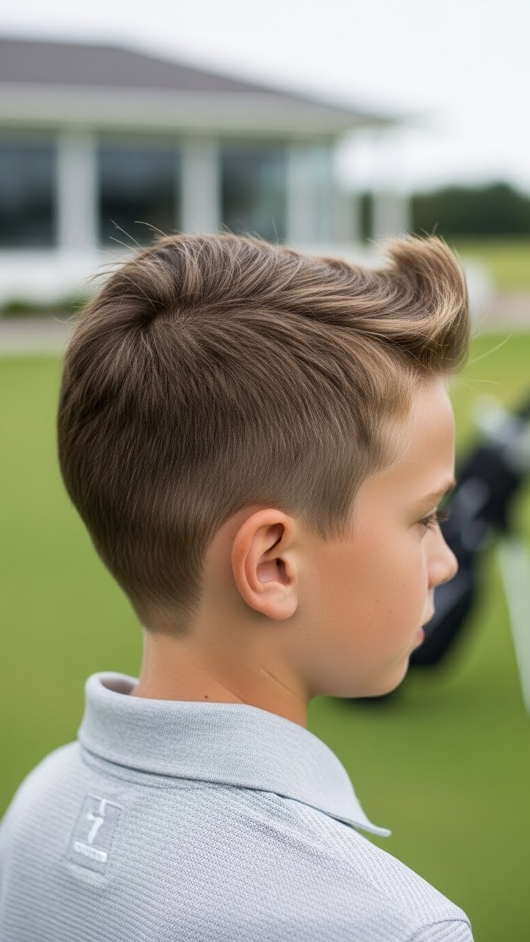 Young Boy'S Quiff Haircut Styled Neatly Upwards For Junior Golfer In Modern Clubhouse Setting