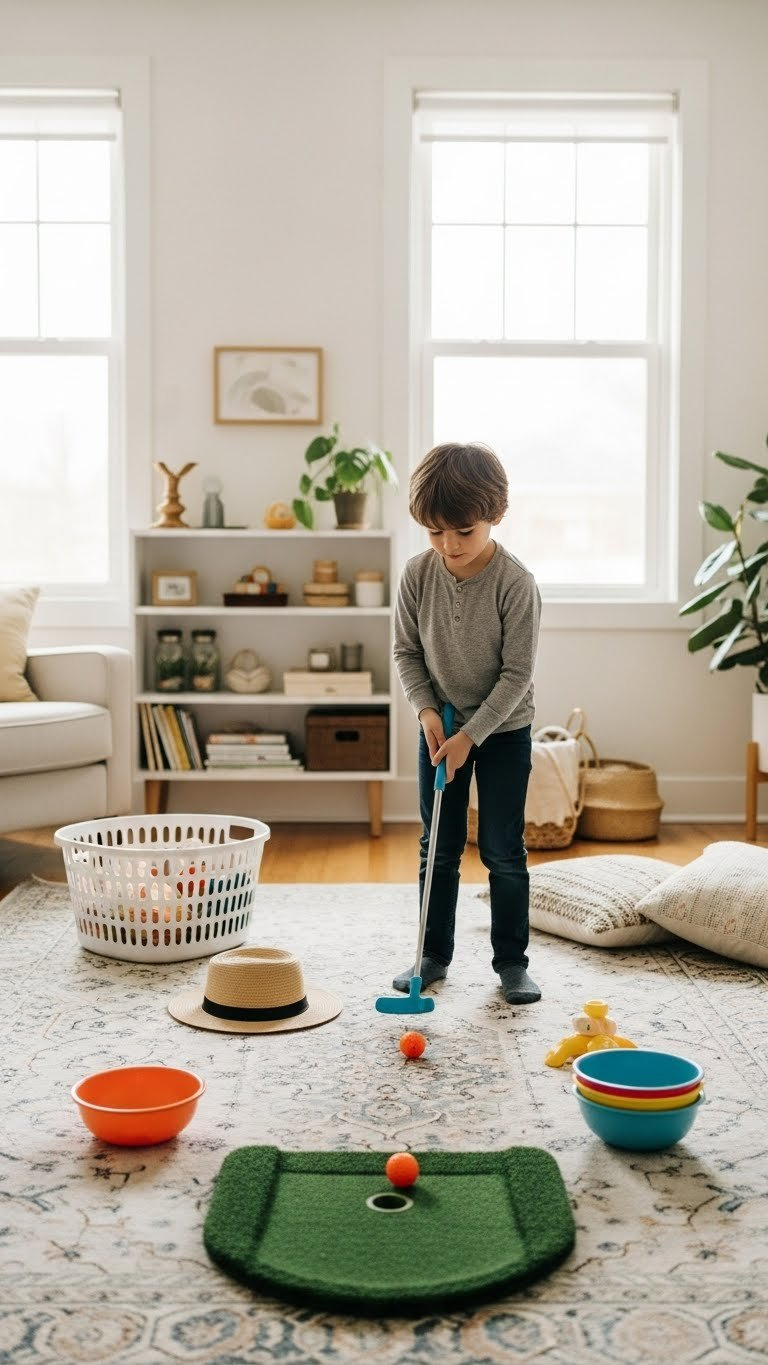 Young Child Putting Soft Golf Ball Toward Indoor Bucket Targets On Patterned Rug With Plastic Putter