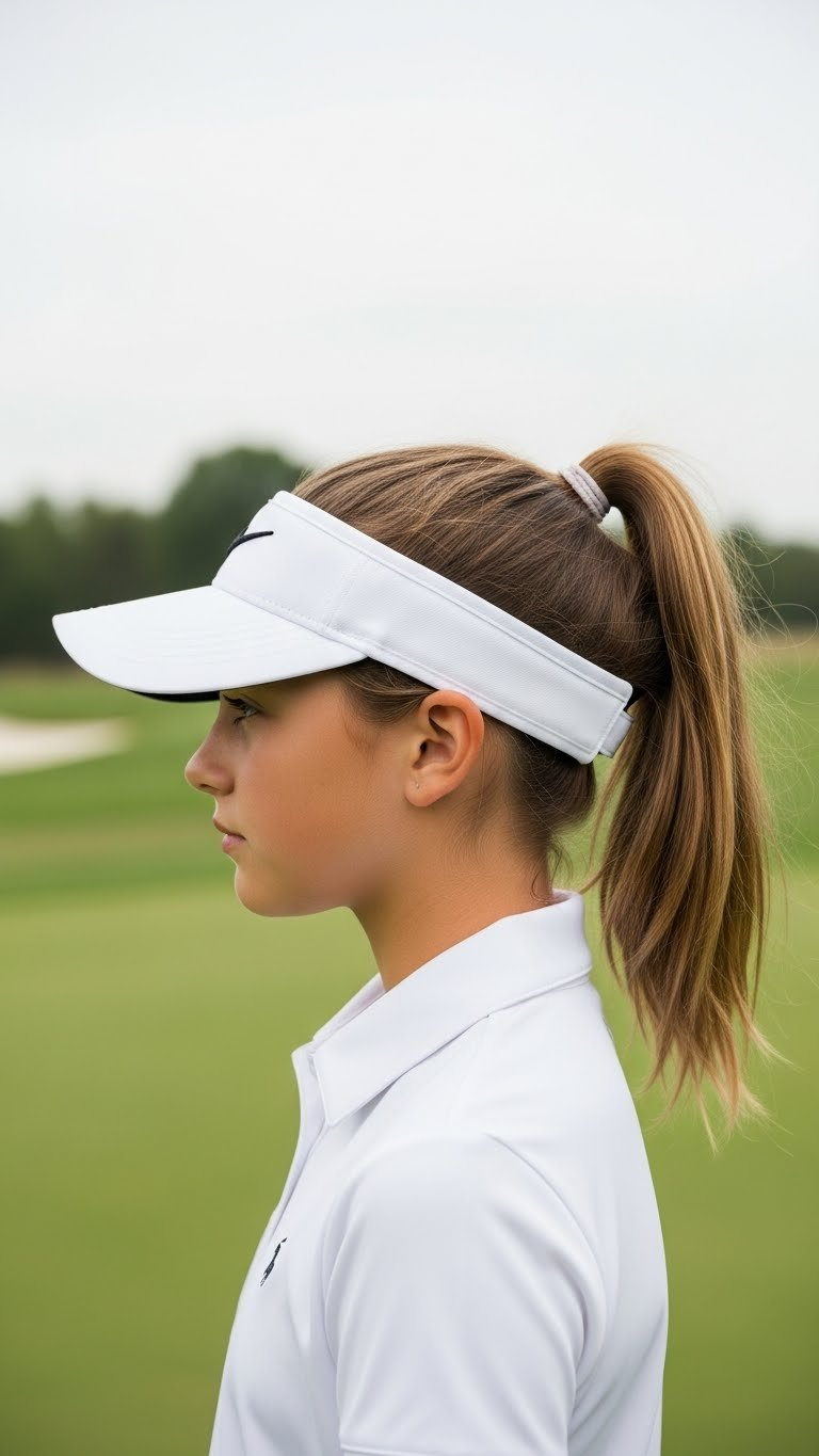 Young Girl'S High Ponytail Fitting Perfectly Through Golf Visor Opening On Bright Putting Green Practice Area