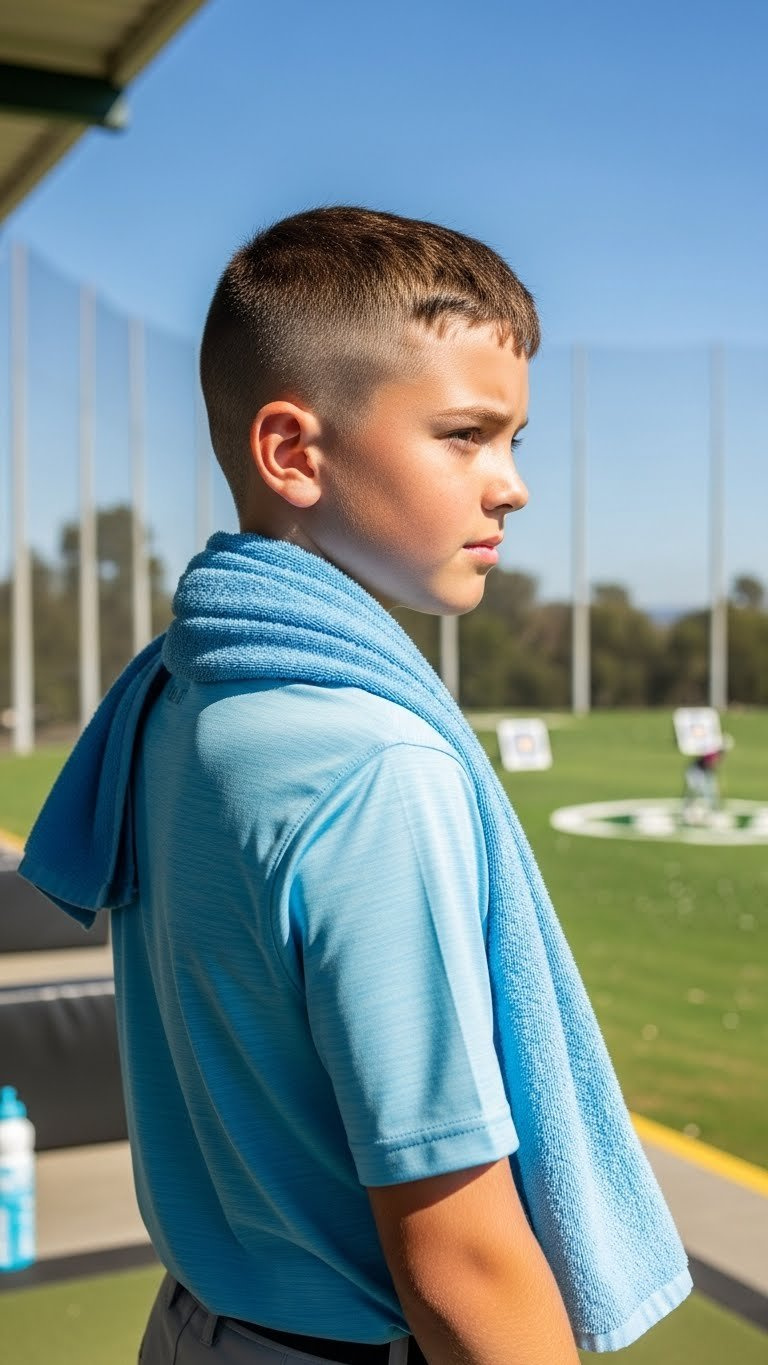 Young Golfer With Clean Buzz Cut At Practice Area With Driving Range Targets And Blue Sky Backdrop.