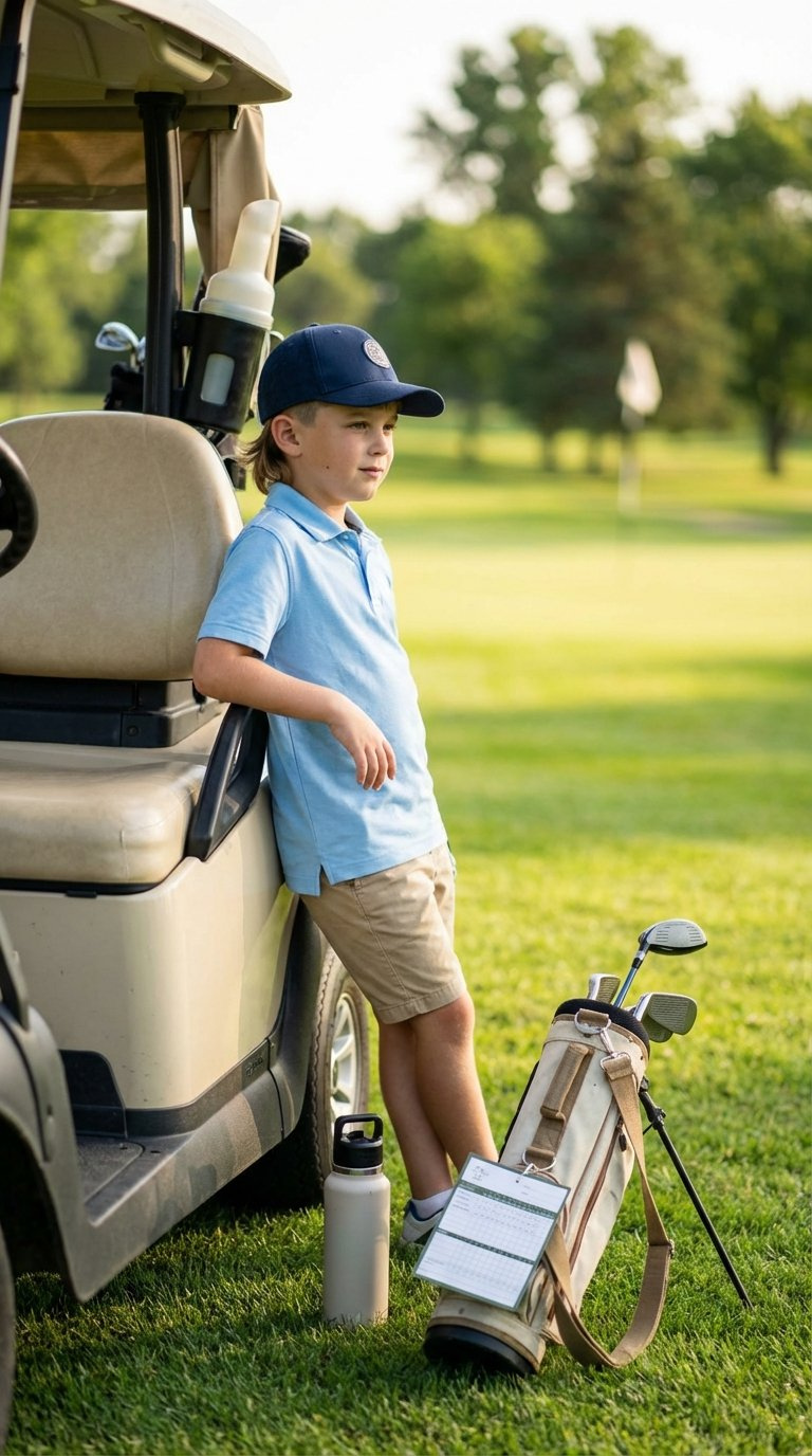 Young Golfer With Modern Mullet Haircut Leaning Against Golf Cart On Sunny Golf Course With Soft Focus.