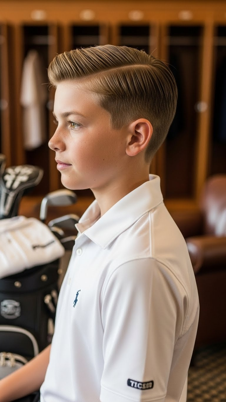 Young Golfer With Neat Side Part Hairstyle In Classic Club Interior Setting With Soft Natural Lighting.
