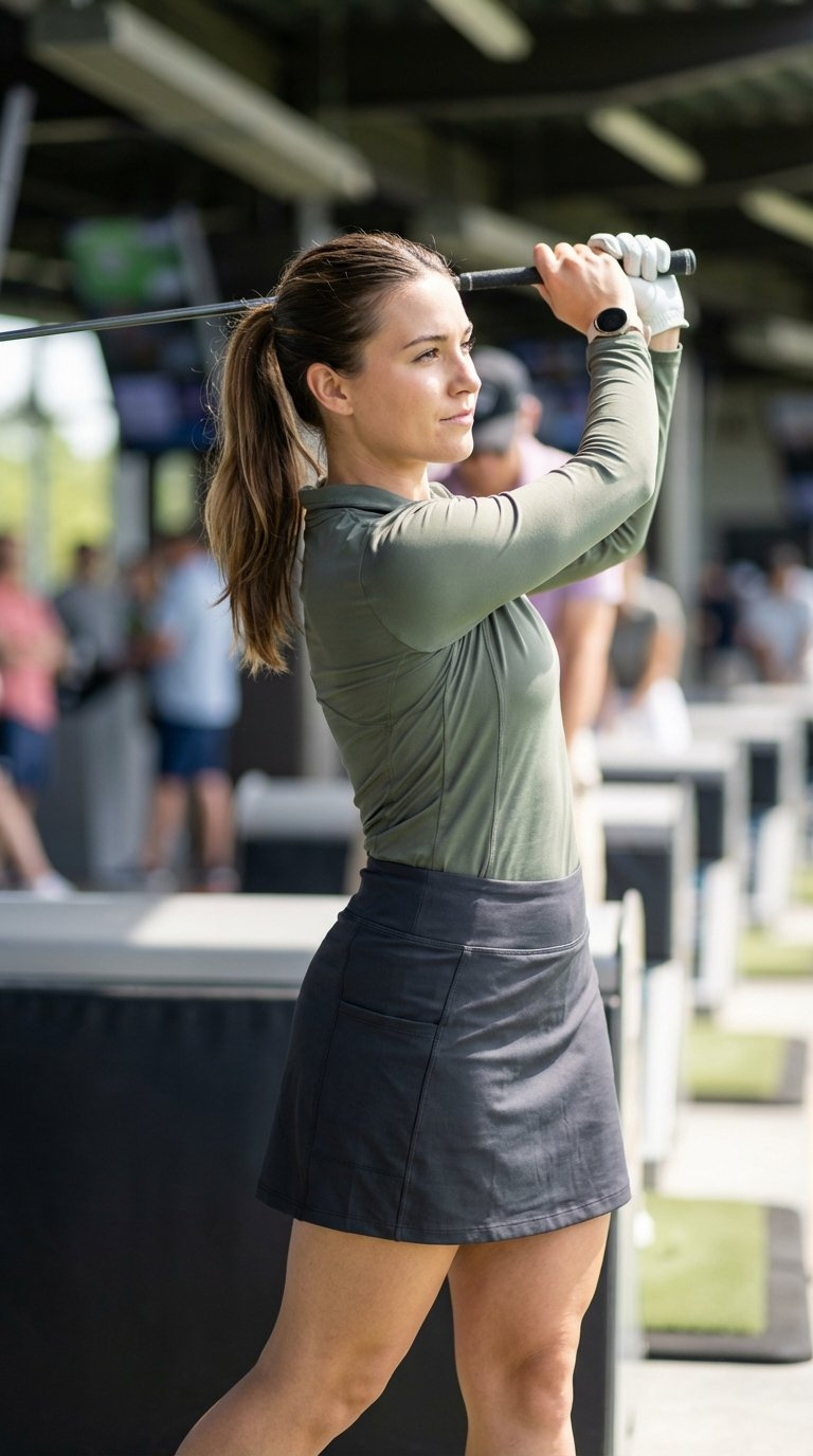 Young Woman Comfortably Swinging Golf Club In Dark Athletic Skort And Fitted Moisture-Wicking Top At Topgolf Bay With Blurred Background