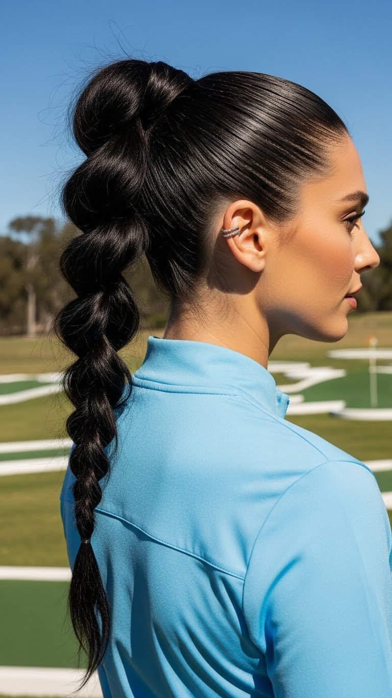 Young Woman With High Braided Ponytail Featuring Dark Wavy Hair Against Vibrant Outdoor Mini Golf Landscape