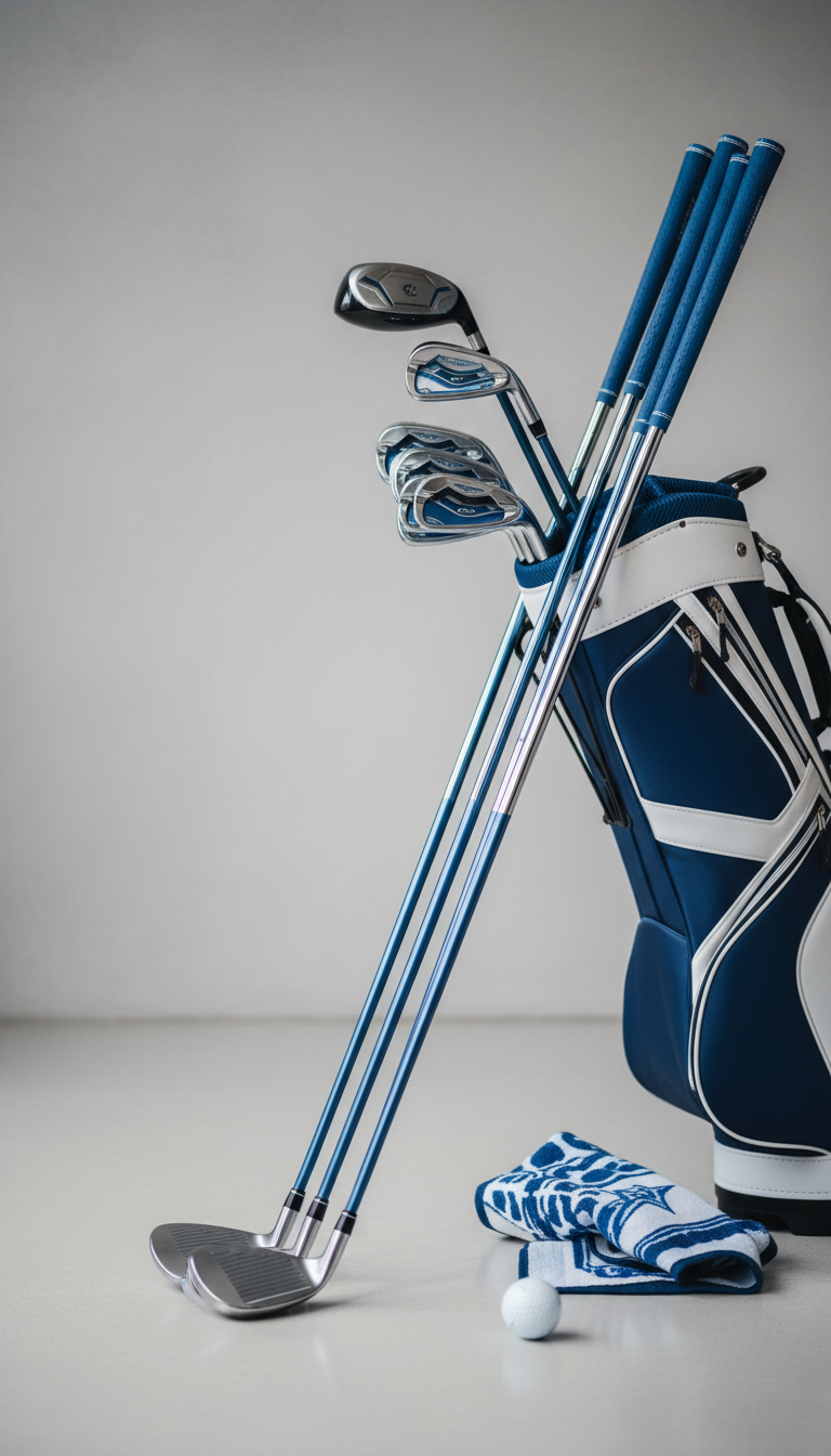 45° Shot Of Short‑Shaft Golf Clubs For A Shorter Player Against A Gray Wall, Featuring Blue‑White Tones And Chrome Accents.
