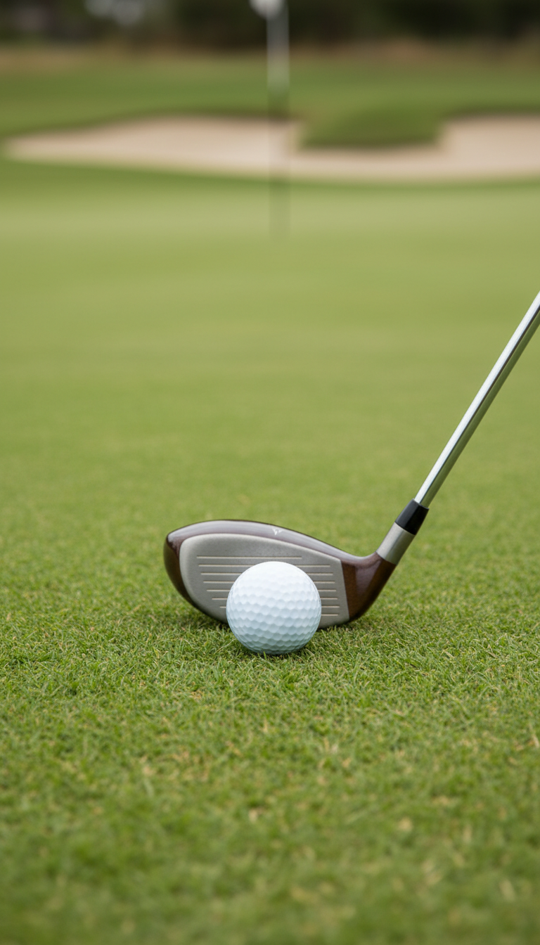 Close‑Up Of A Golf Ball On The Fringe Of A Green With A Hybrid Club Set For A Chip Shot, Showing The Pin And Fringe Grass.