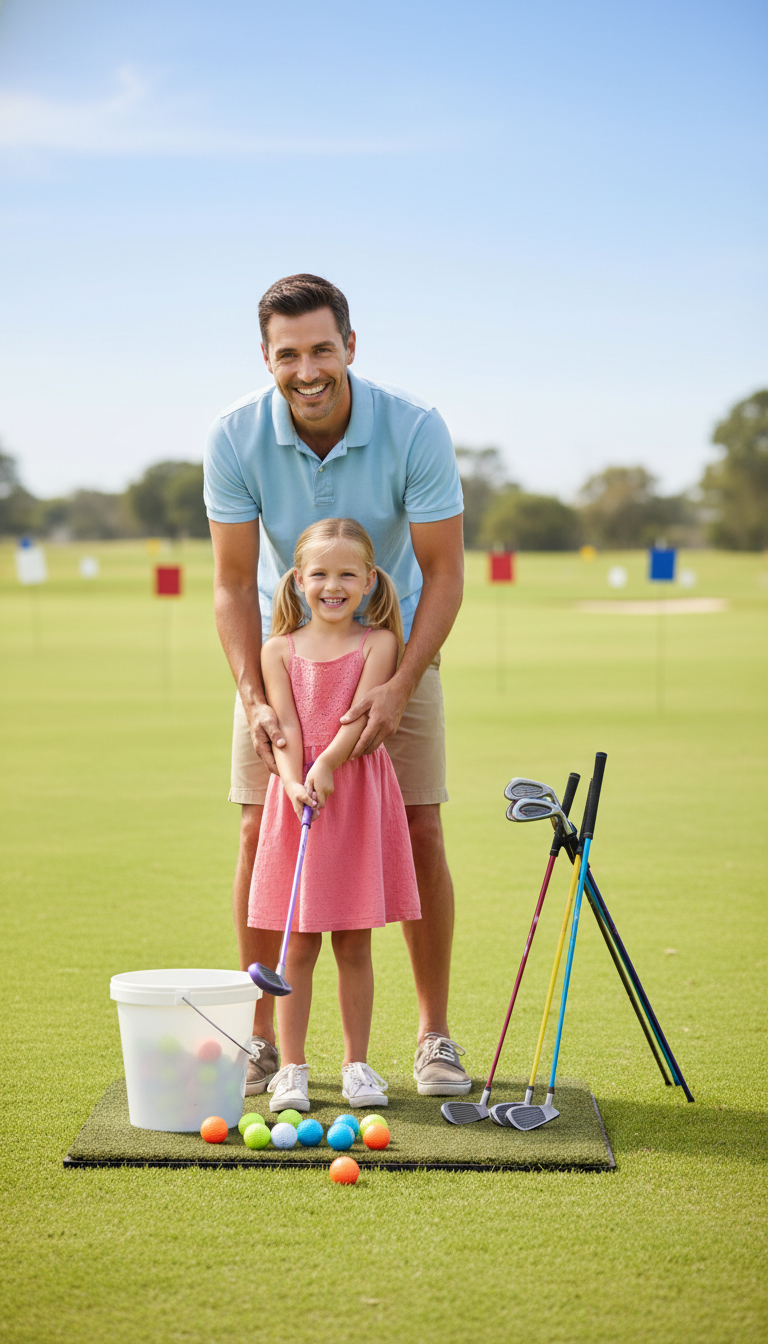 Are Golfers Rich? The Complete Guide To Pro Wealth In 2026 Father And Daughter Smile At A Sunny Public Driving Range As He Shows Her Holding A Small Golf Club Beside Range Balls.