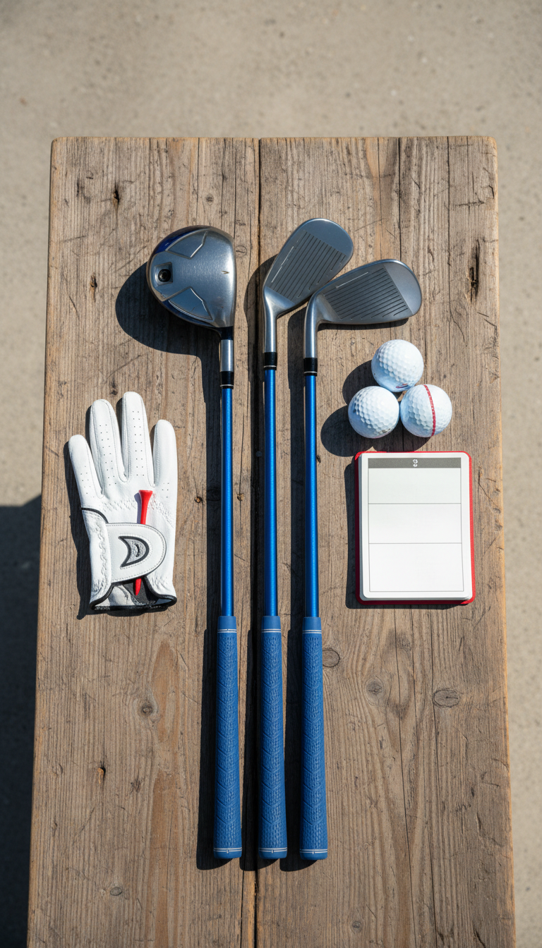 Flat‑Lay Of Tall‑Player Golf Gear On A Wood Table, Showing Longer Clubs With Oversized Grips, Red Accents, Glove And Balls.