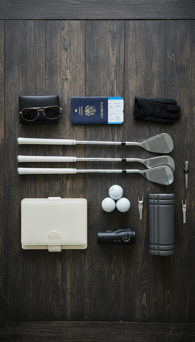 Are Golfers Rich? The Complete Guide To Pro Wealth In 2026 Flat Lay On Dark Wood Displays Golf Gear: Clubs, Yardage Books, Rangefinder, Balls, Passport, Tickets And Foam Roller.