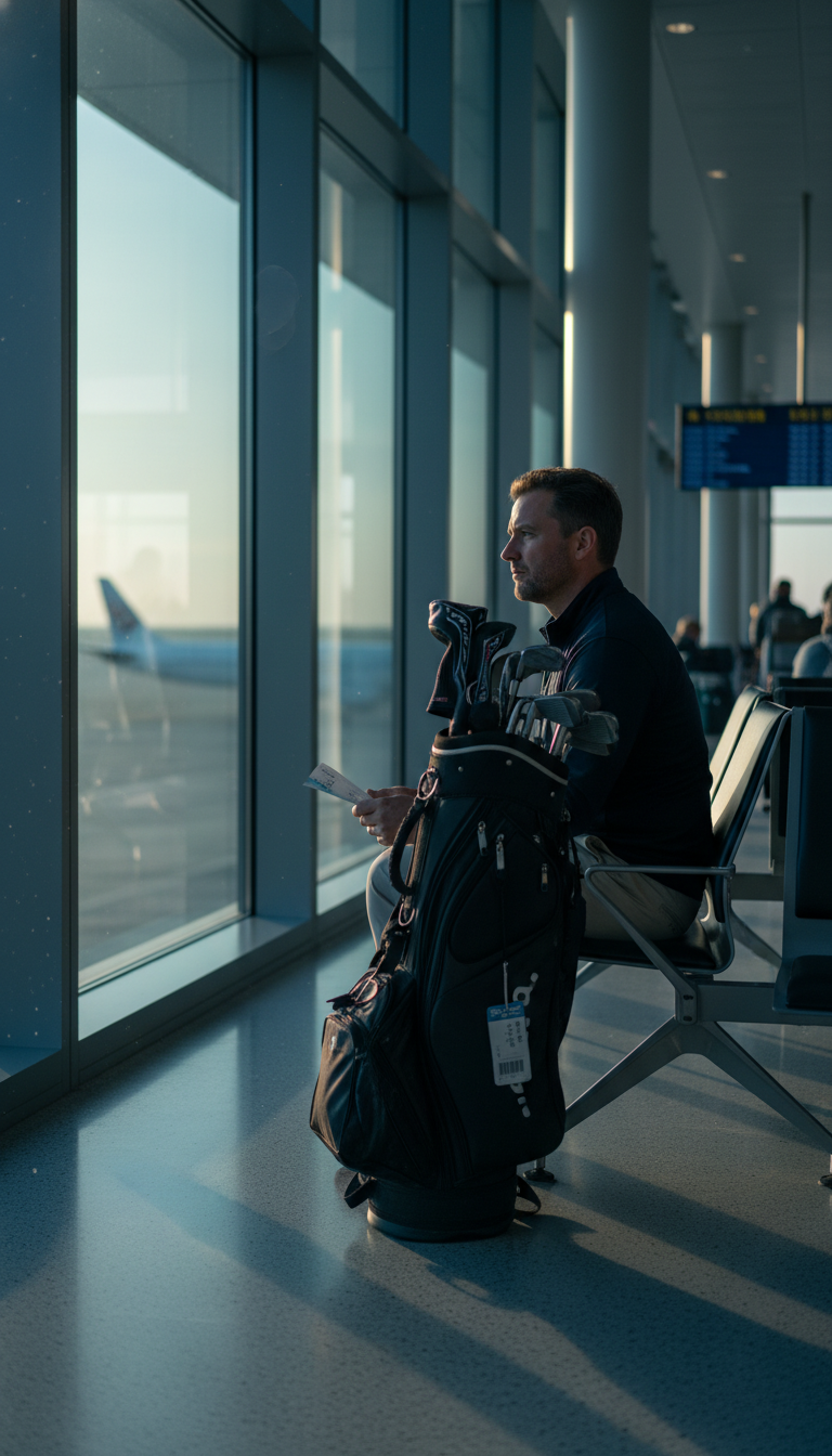Are Golfers Rich? The Complete Guide To Pro Wealth In 2026 Golfer Waits In An Airport Terminal, Watching A Departing Plane, Travel Bag Nearby And Morning Light Framing Windows.