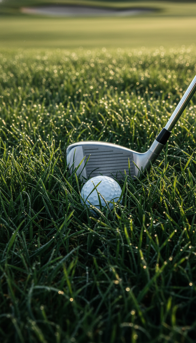 Hybrid Club Head Poised Behind A Golf Ball In Thick Rough Grass, Illuminated By Side Light And Glistening Dew On Blades.