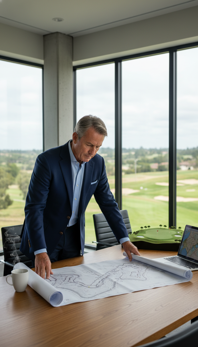 Are Golfers Rich? The Complete Guide To Pro Wealth In 2026 Legendary Golfer‑Entrepreneur Reviews Course Blueprints At A Sunlit Office Table, With A Scale Model, Laptop And Coffee.