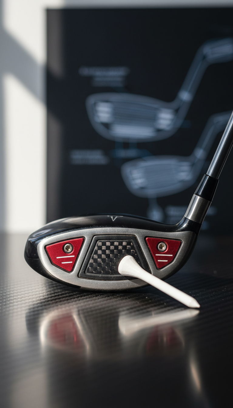 Macro Close‑Up Of Hybrid Club Sole Showing Weight‑Port And Rail Technology On A Carbon‑Fiber Surface With A Tee And Backdrop.