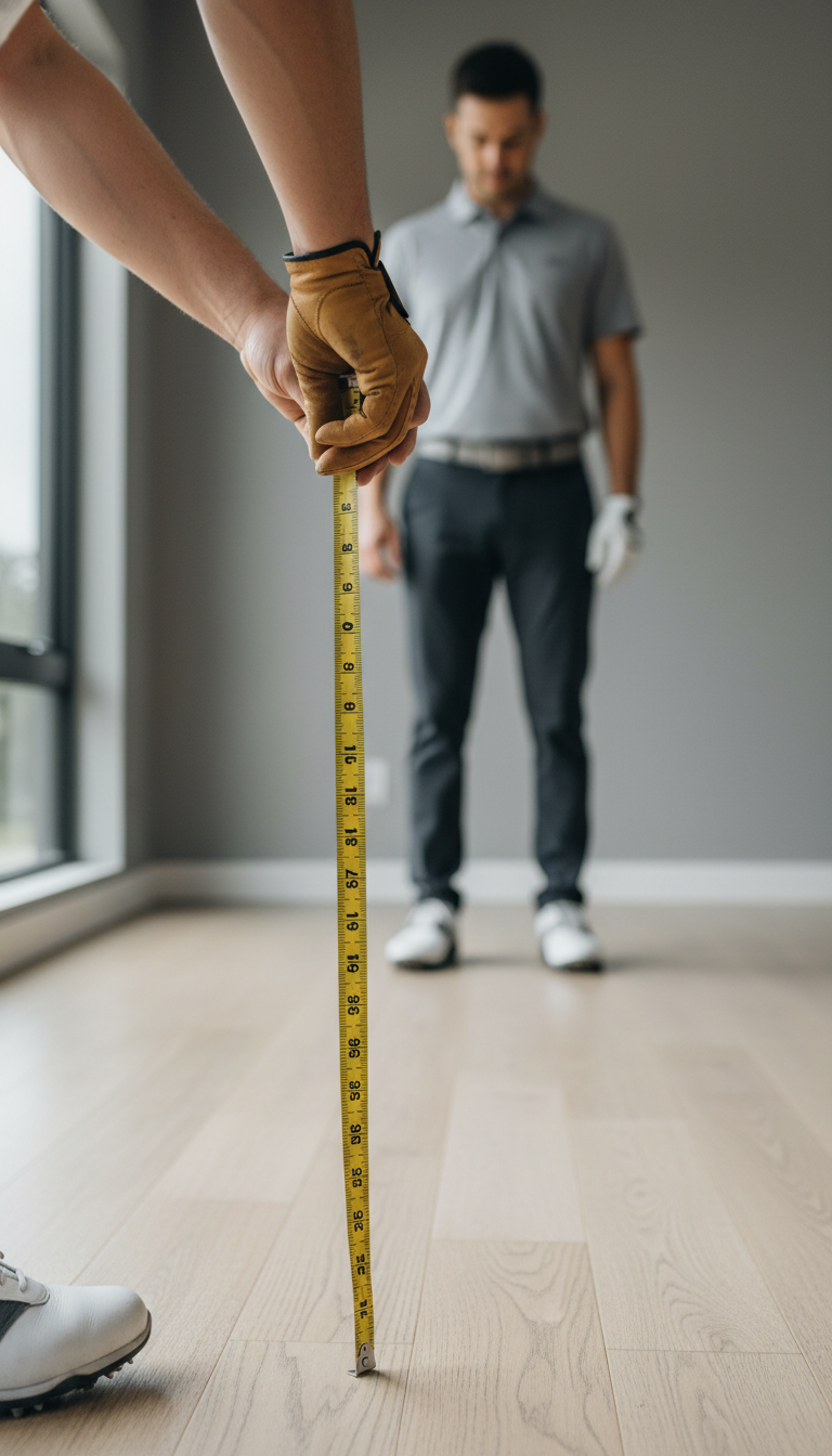 Macro Close-Up Of A Golfer’s Wrist‑To‑Floor Measurement With Bright Yellow Tape In Hand Against A Gray Workshop Background.
