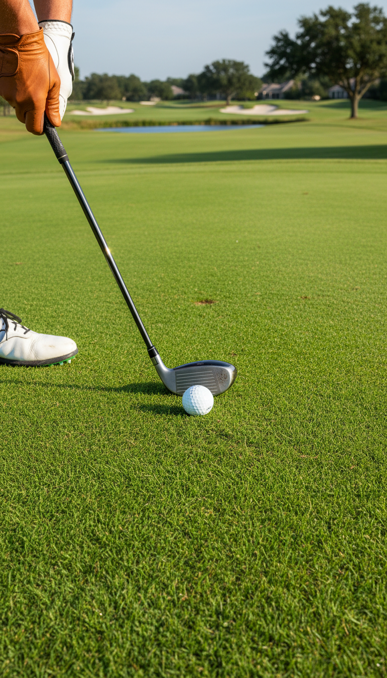Pov Of A Hybrid Club Striking A Golf Ball On A Manicured Fairway, Showing The Square Face, Grass And The Golfer'S Shoes.
