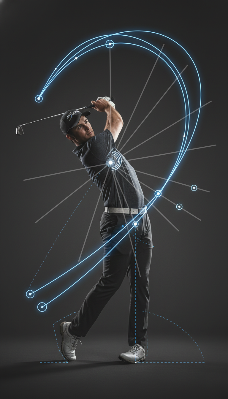 Scientific Illustration Of A Golfer’s Swing With Electric‑Blue Arcs And Lines On A Background, Highlighting Kinetic Chain.