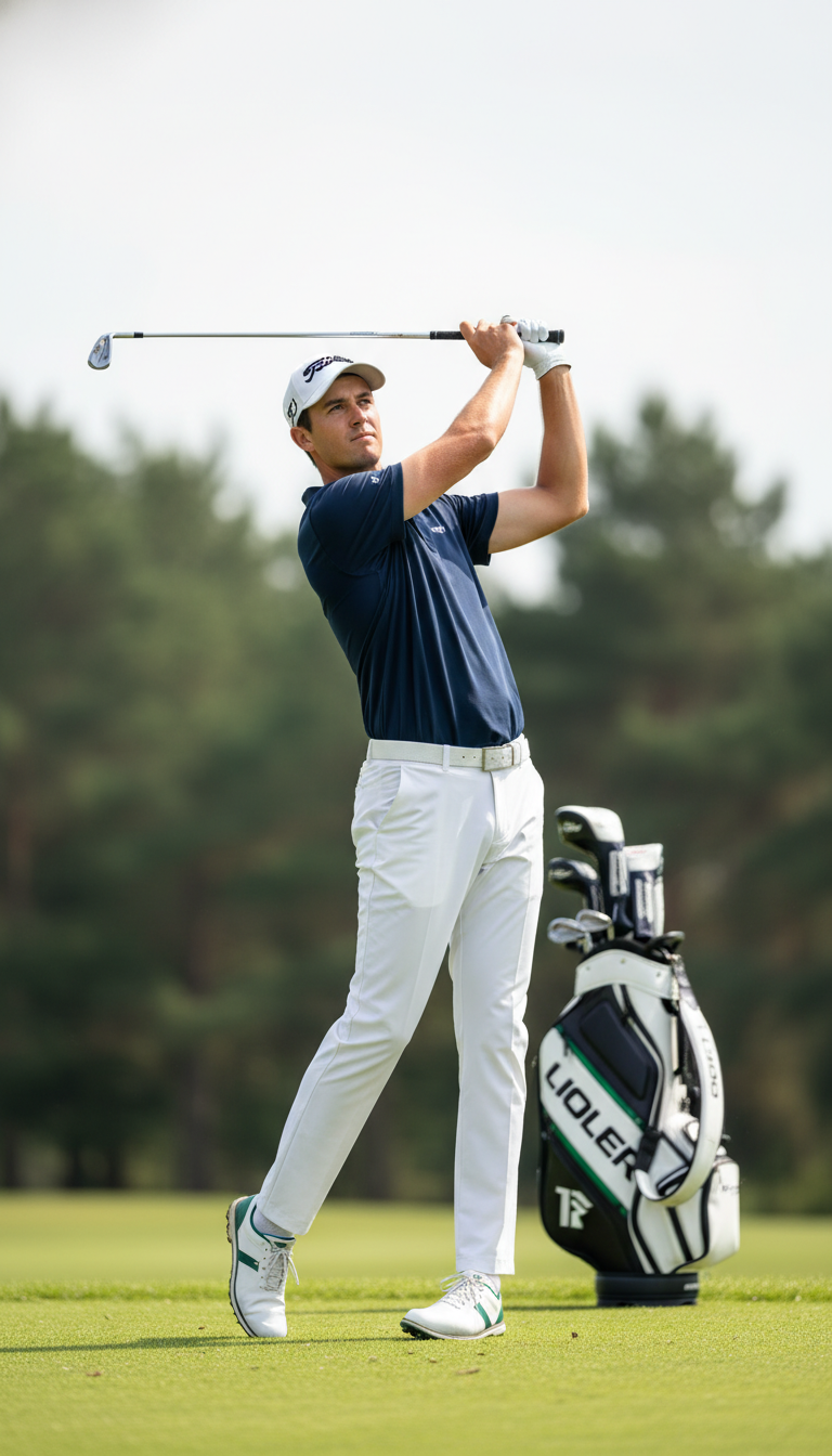 Tall Male Golfer In Navy Apparel Mid‑Swing From A Low Angle On A Green Tee, With A Driver And Blurred Bag Behind.